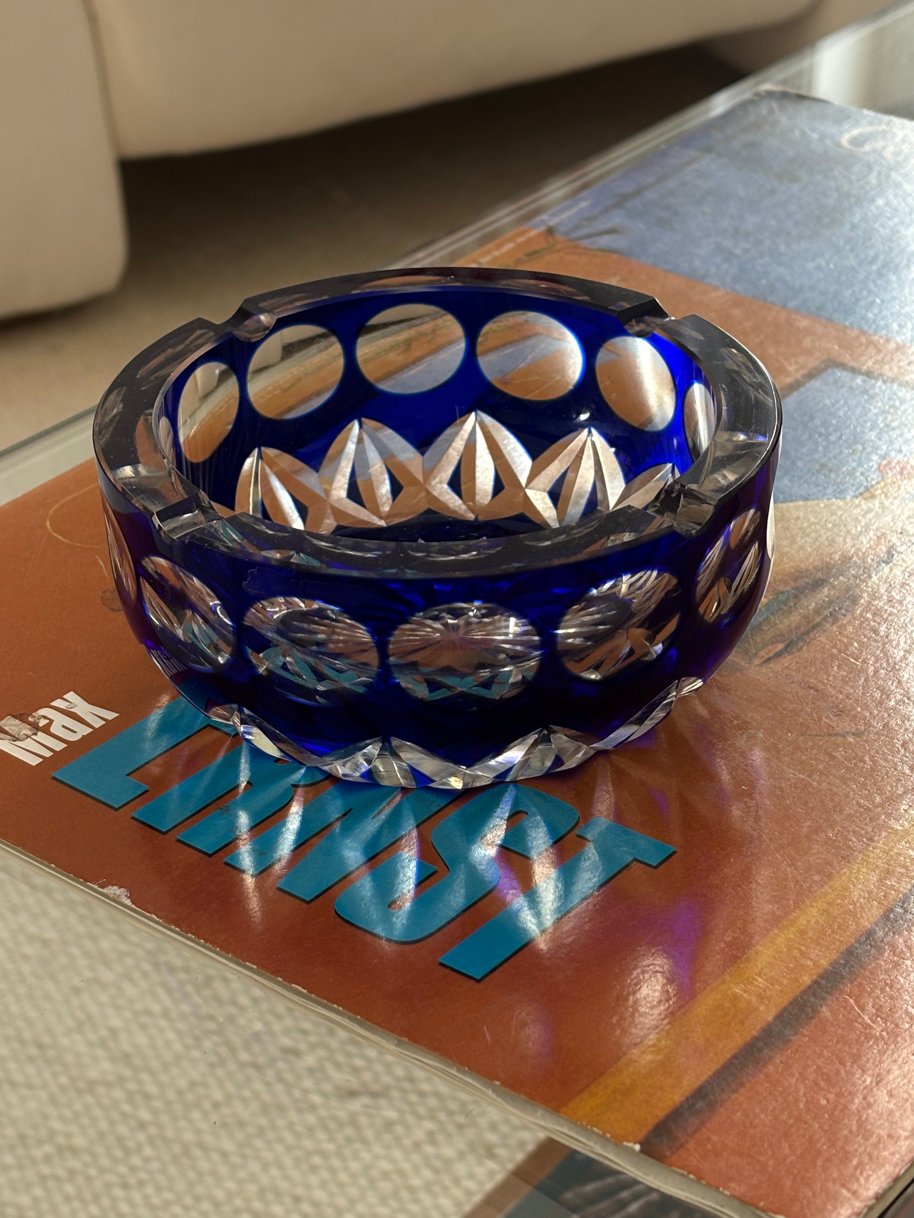 cenicero vintage cristal tallado azul cobalto
